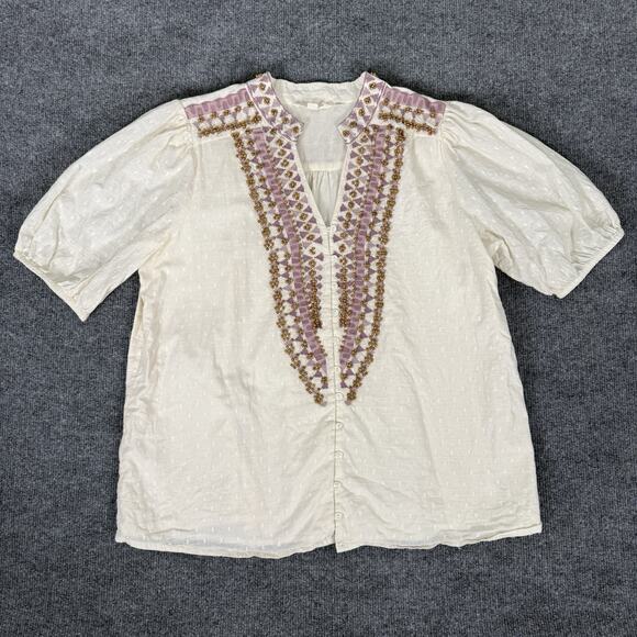 Anthropologie Forever That Girl Shirt Women 12 Beaded Boho Puff Sleeve Peasant - Picture 2 of 10